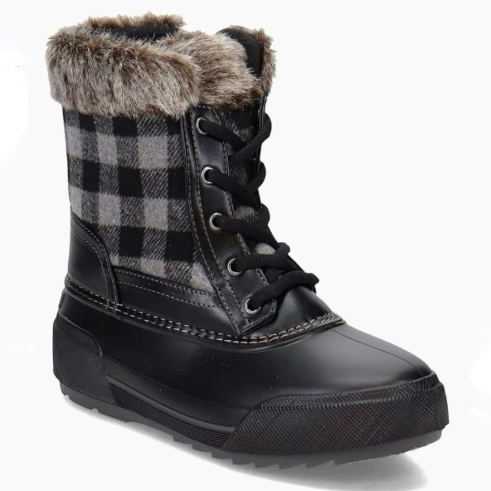Easy Spirit Ice Queen Duck Boots Black and Gray Buffalo Check Size 6